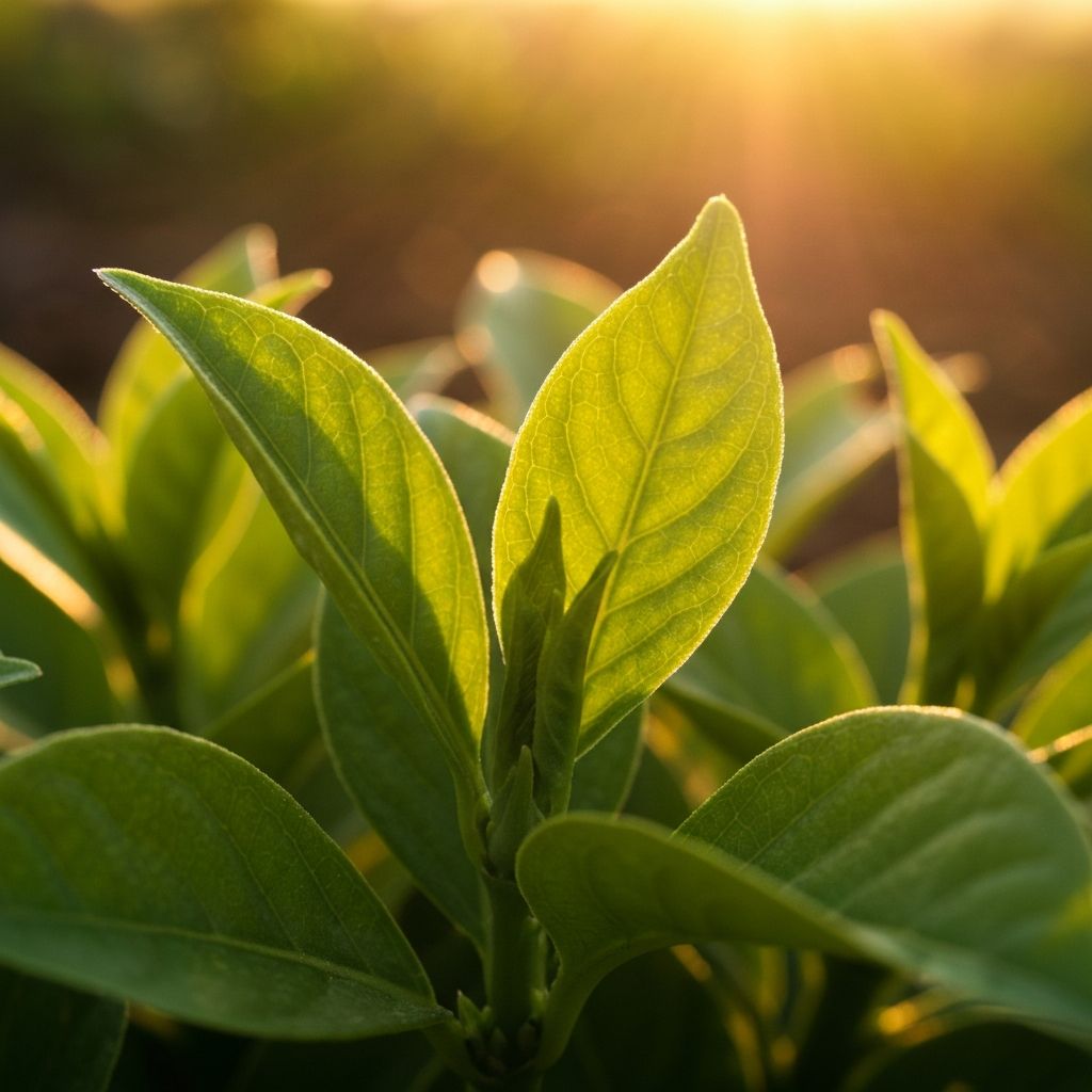 Fresh plant leaves in golden sunlight